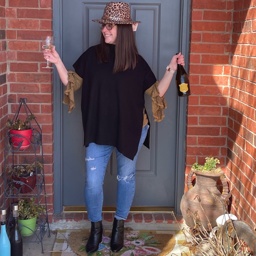 New Heather Mustard Yellow Fleck Open Ruffle Long Sleeve Round Neck Top S M L